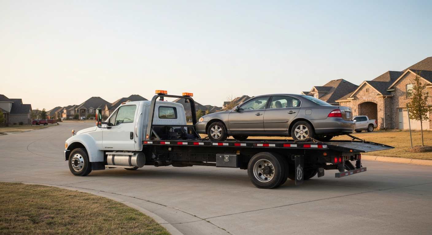 Flatbed tow truck on a Prosper neighborhood street